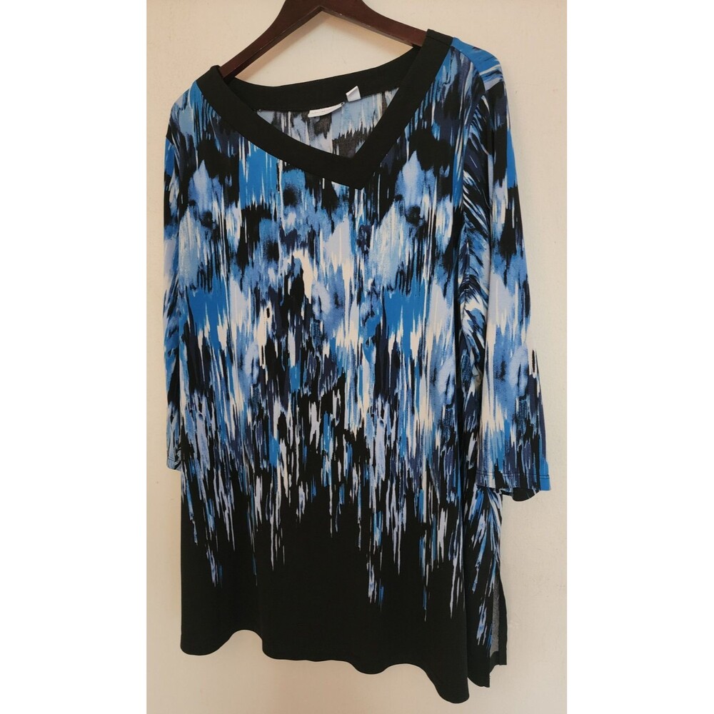 Susan Graver 3X Liquid Knit Blue & Black Abstract Stretch 3/4 Sleeve Tunic Top